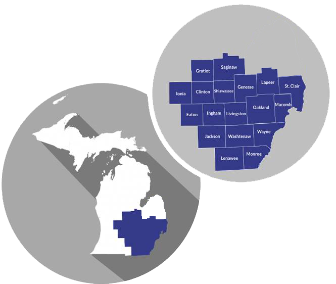 A map of Michigan with the southeast highlighted in blue
