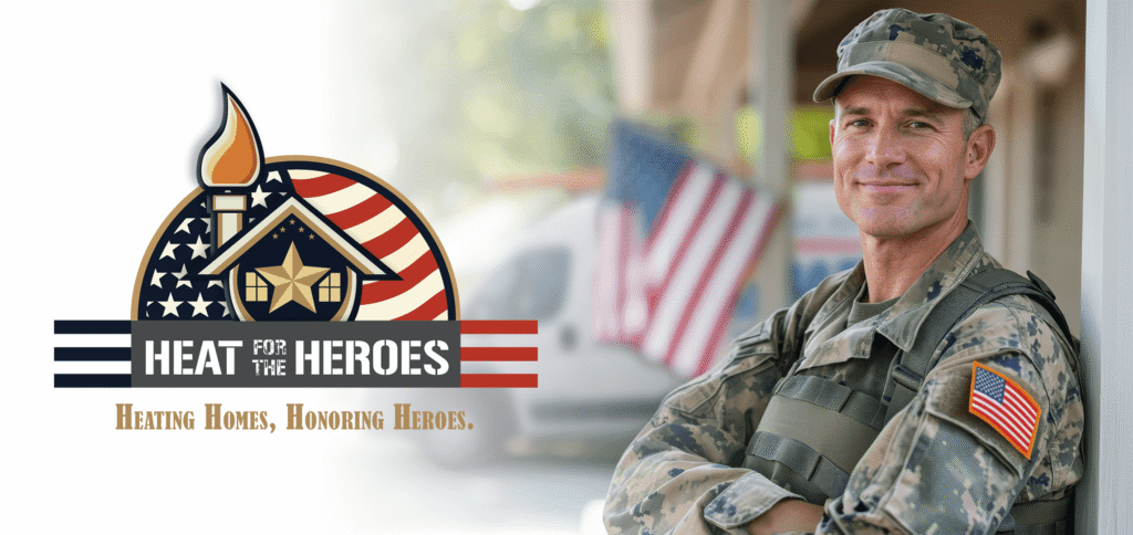 heat for the heroes hero initative. Soildier standing on a portch with his arms crossed. Heat for the Heroes logo to the left. A Randazzo van in the background.